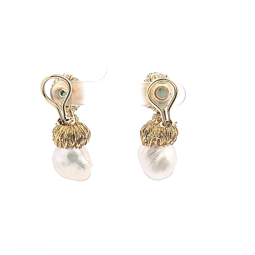 Pearl, Emerald & Diamond Drop Earrings in 18K Yellow Gold (Vintage Estate)