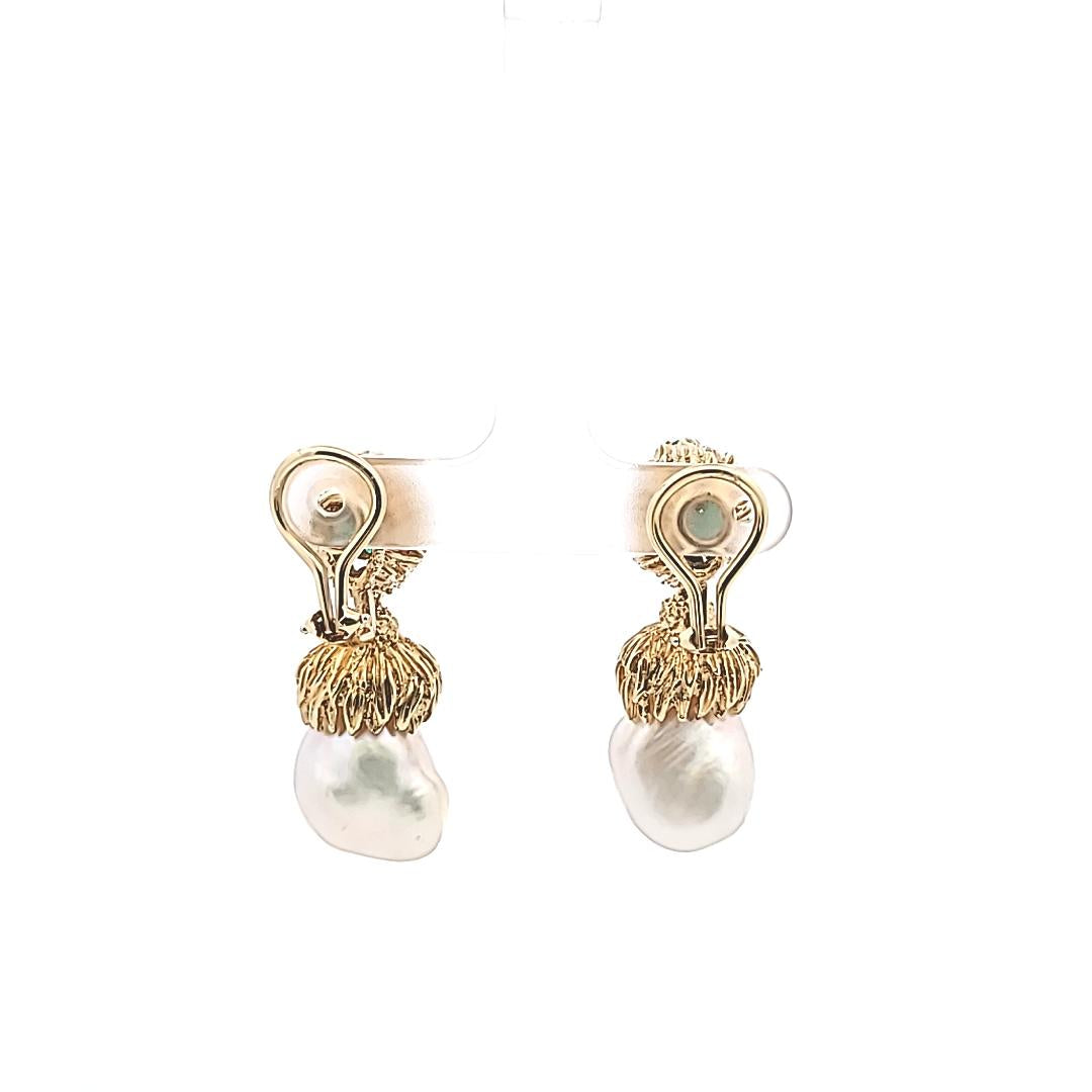 Pearl, Emerald & Diamond Drop Earrings in 18K Yellow Gold (Vintage Estate)