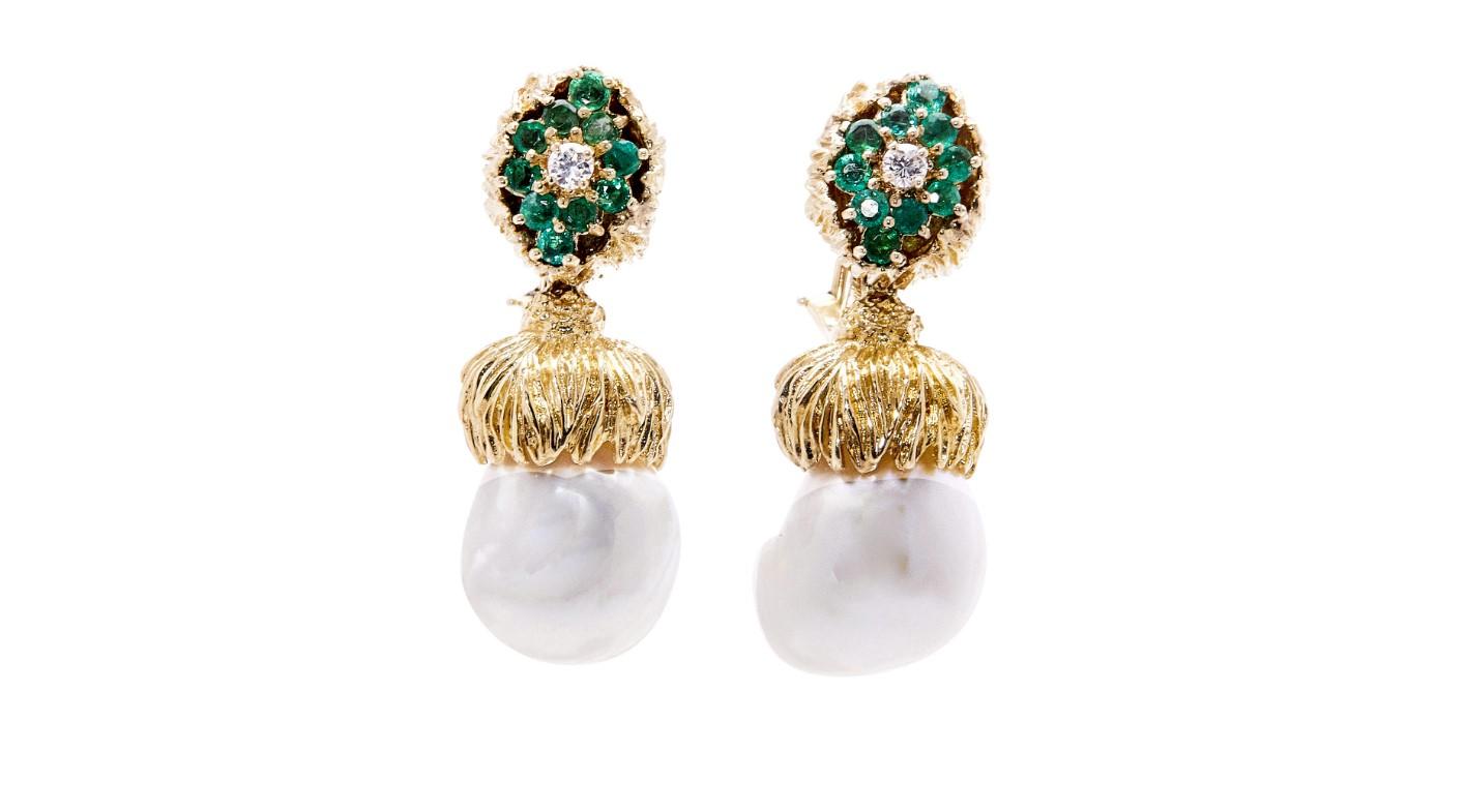 Pearl, Emerald & Diamond Drop Earrings in 18K Yellow Gold (Vintage Estate)