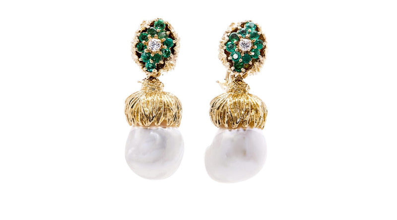 13.9MM Pearl 0.20 Carat Round Diamond 0.20 Carat Emerald 18K YG Drop Earrings