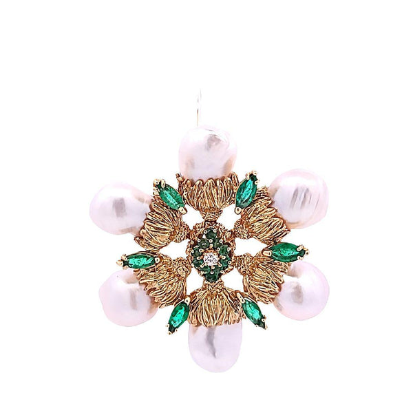 1.60ct Emerald & Diamond Floral Pendant with Pearls in 18K Yellow Gold