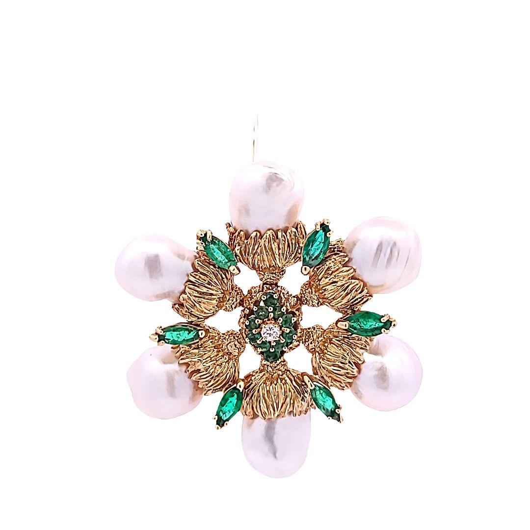 18K Yellow Gold Pin Brooch with 0.1ct Round G VS1 Diamonds 1.6ct Emerald & Pearl