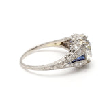3.20 Carat Old European Cut Diamond 0.20 Carat Sapphire Platinum Art Deco Ring
