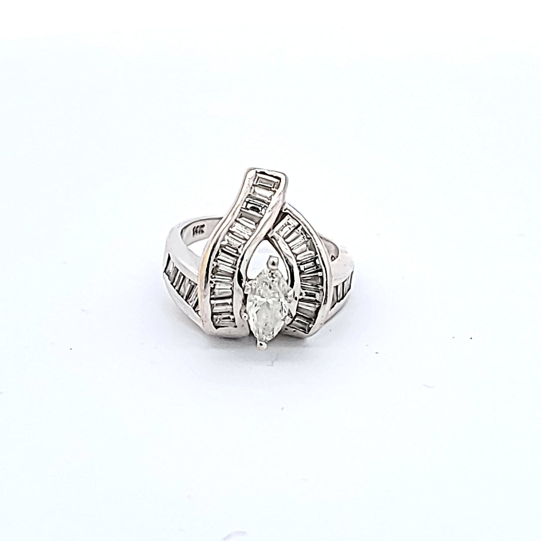 1.60 Carat Tapered Baguette Shape and Marquis Shape Diamond Platinum Cocktail Ring