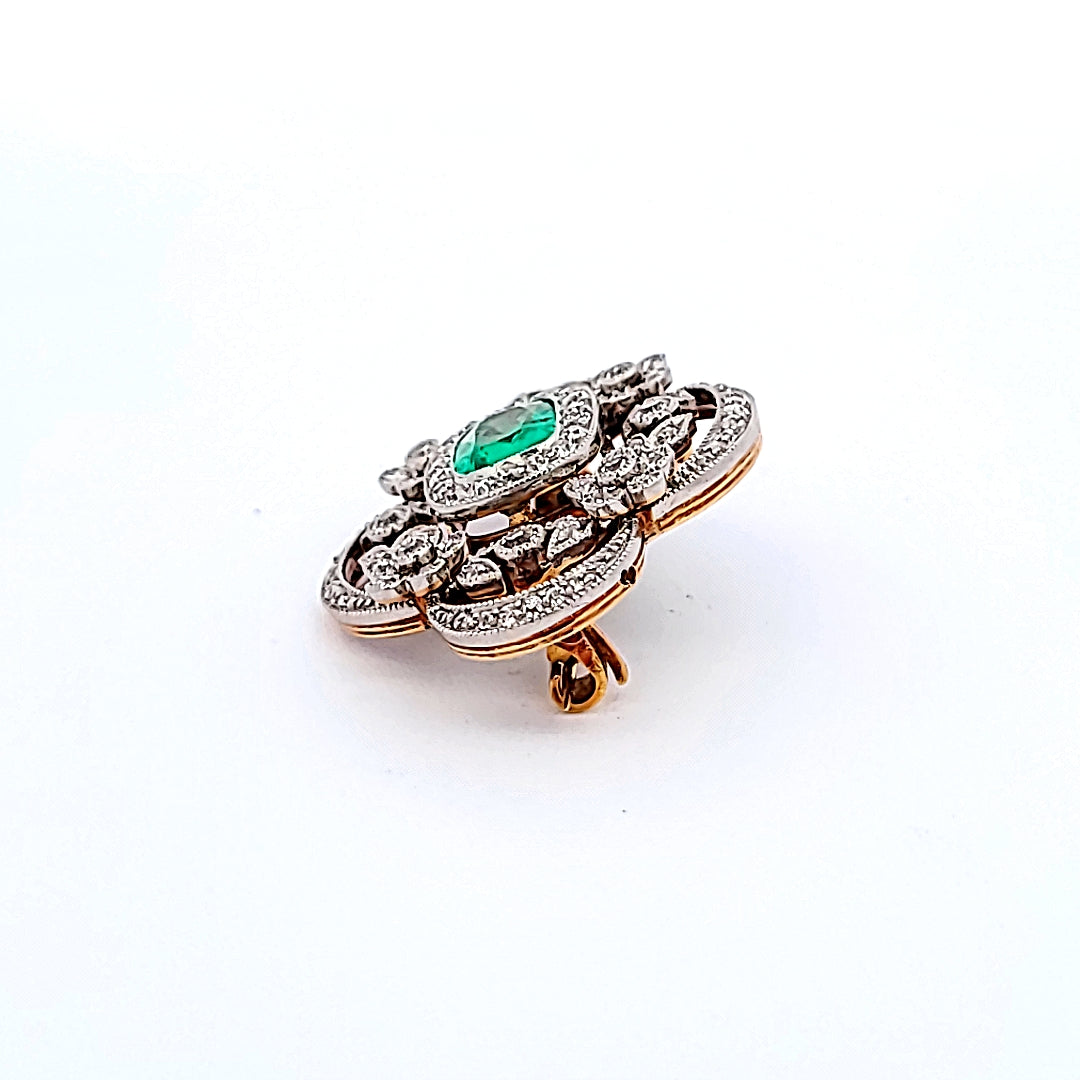 Tiffany & Co 1.50 Carat Emerald 0.72 Carat Round Brilliant Diamond 18K Two Tone Gold Pin