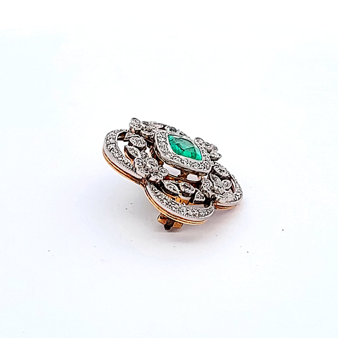 Tiffany & Co 1.50 Carat Emerald 0.72 Carat Round Brilliant Diamond 18K Two Tone Gold Pin