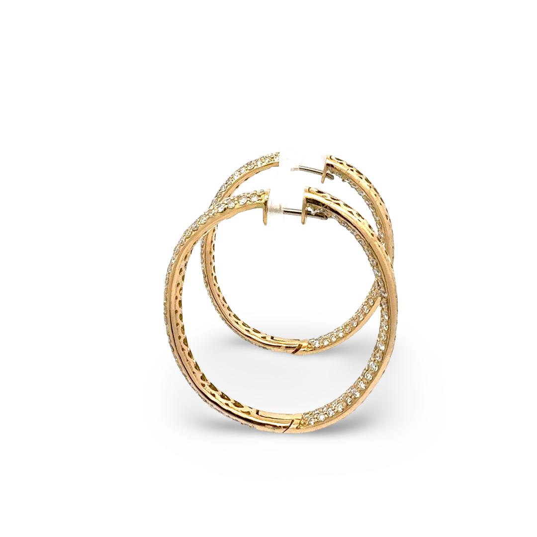 Vintage 18K Yellow Gold Hoop Earrings with 11.26 Carat Round H-VS1 Diamonds