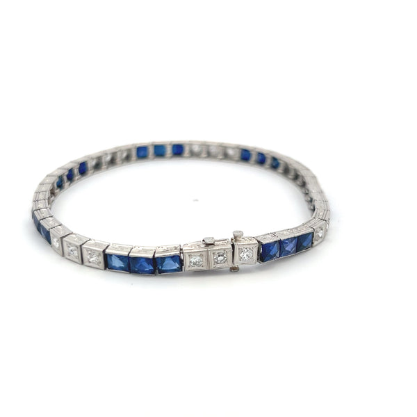 6.00 Carat Sapphire 1.26 Carat Old European Cut Diamond Platinum Art Deco Bracelet