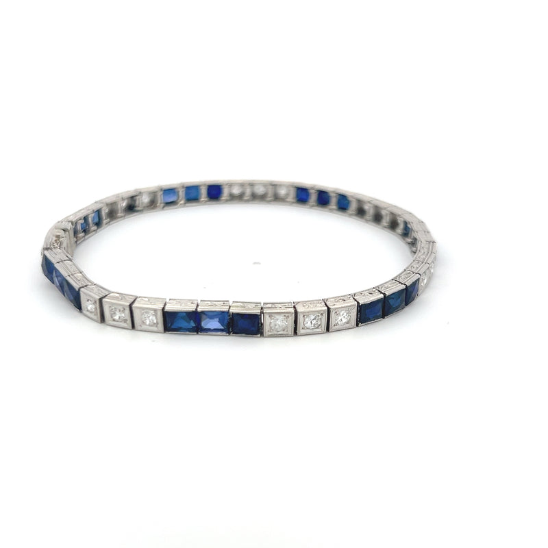 6.00 Carat Sapphire 1.26 Carat Old European Cut Diamond Platinum Art Deco Bracelet