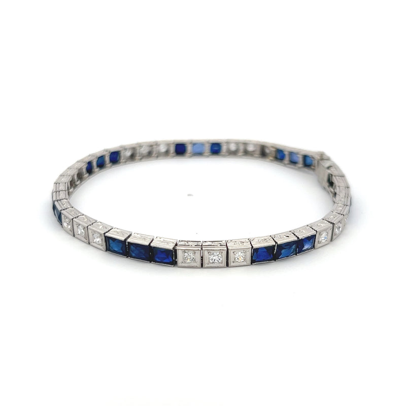 6.00 Carat Sapphire 1.26 Carat Old European Cut Diamond Platinum Art Deco Bracelet