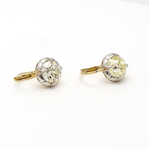 3.03 Carat Old European and Circular Brilliant Diamond 18K YG Silver Leverback Earrings