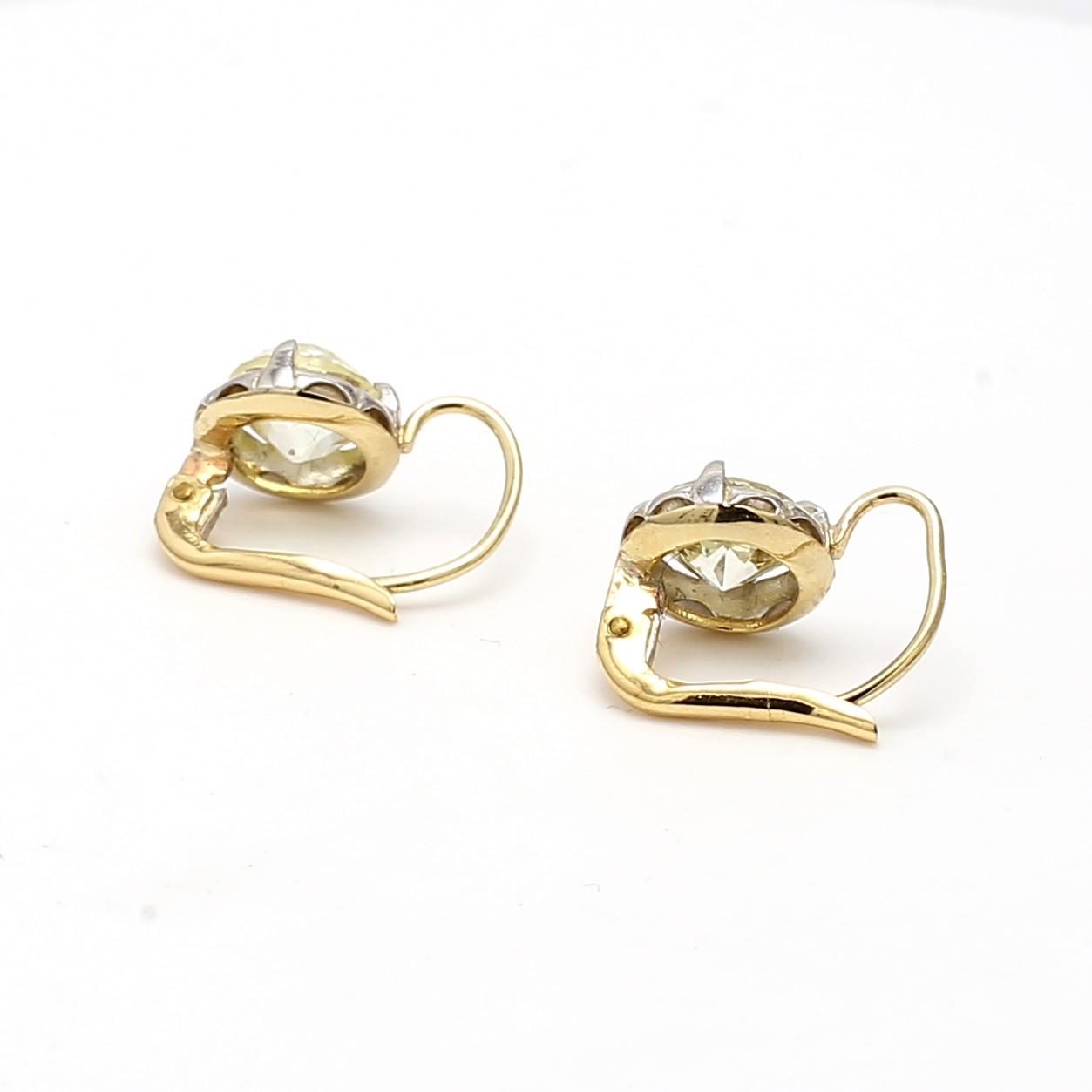 3.03 Carat Old European and Circular Brilliant Diamond 18K Gold-Silver Earrings