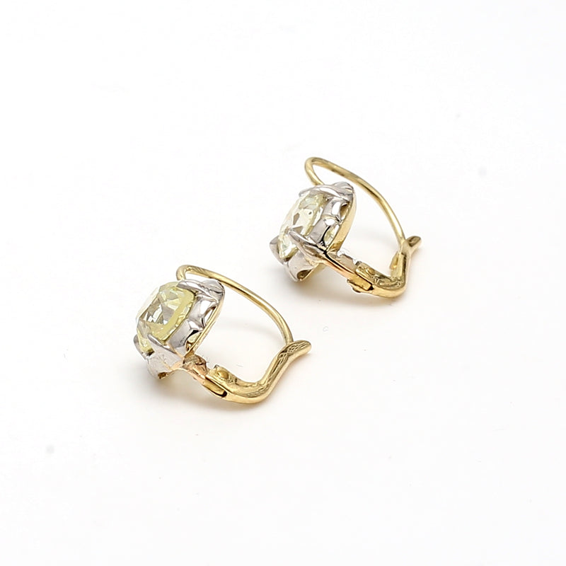 3.03 Carat Old European and Circular Brilliant Diamond 18K YG Silver Leverback Earrings