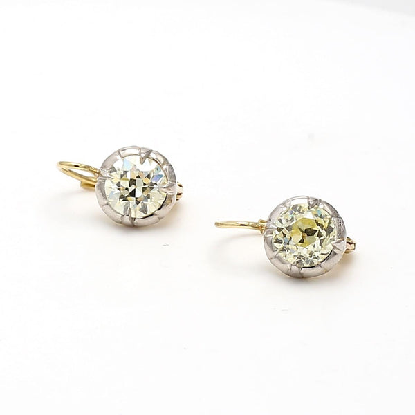 3.03 Carat Old European and Circular Brilliant Diamond 18K Gold-Silver Earrings