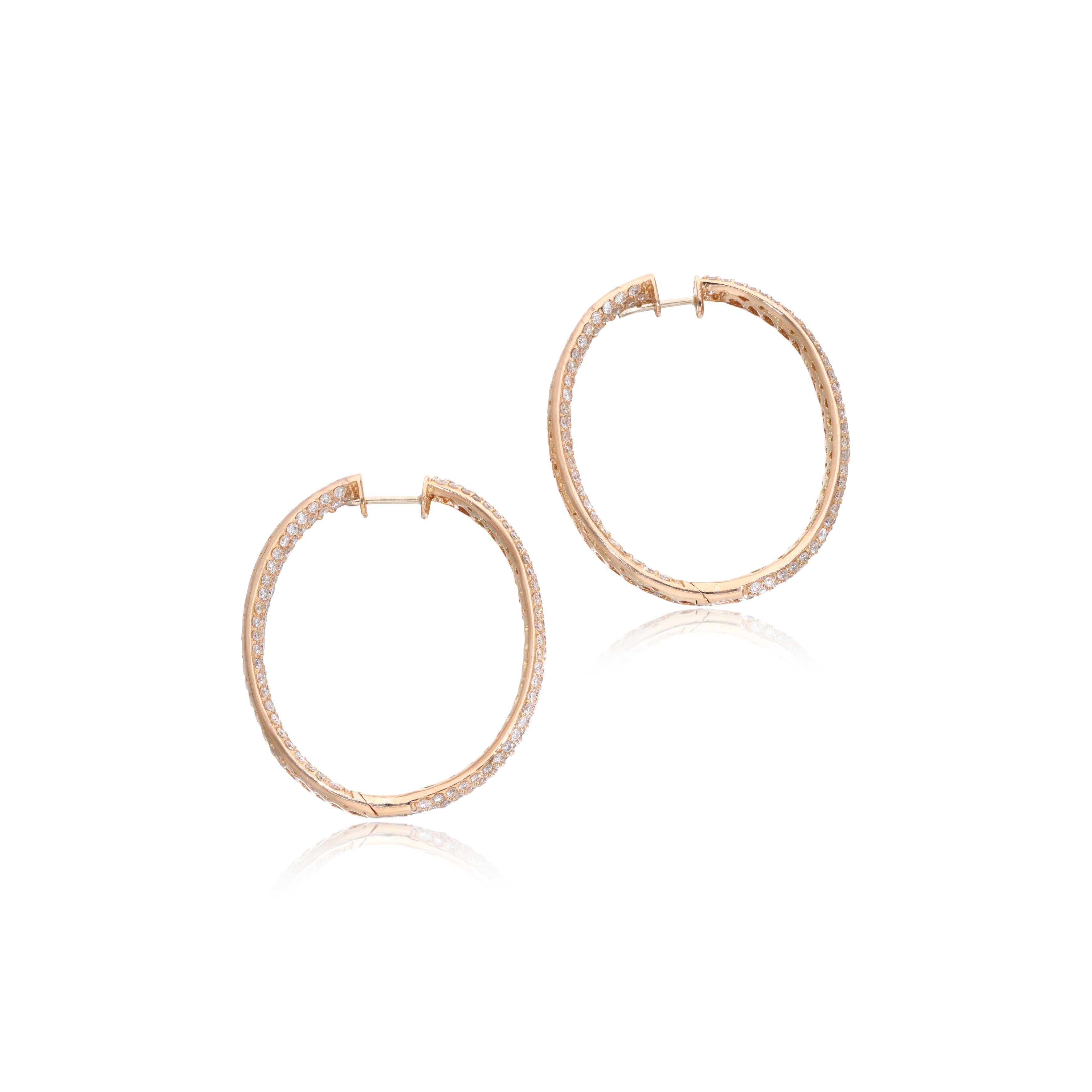 Vintage 18K Rose Gold Hoop Earrings with 11.46 Carat Round G-VS1 Diamonds