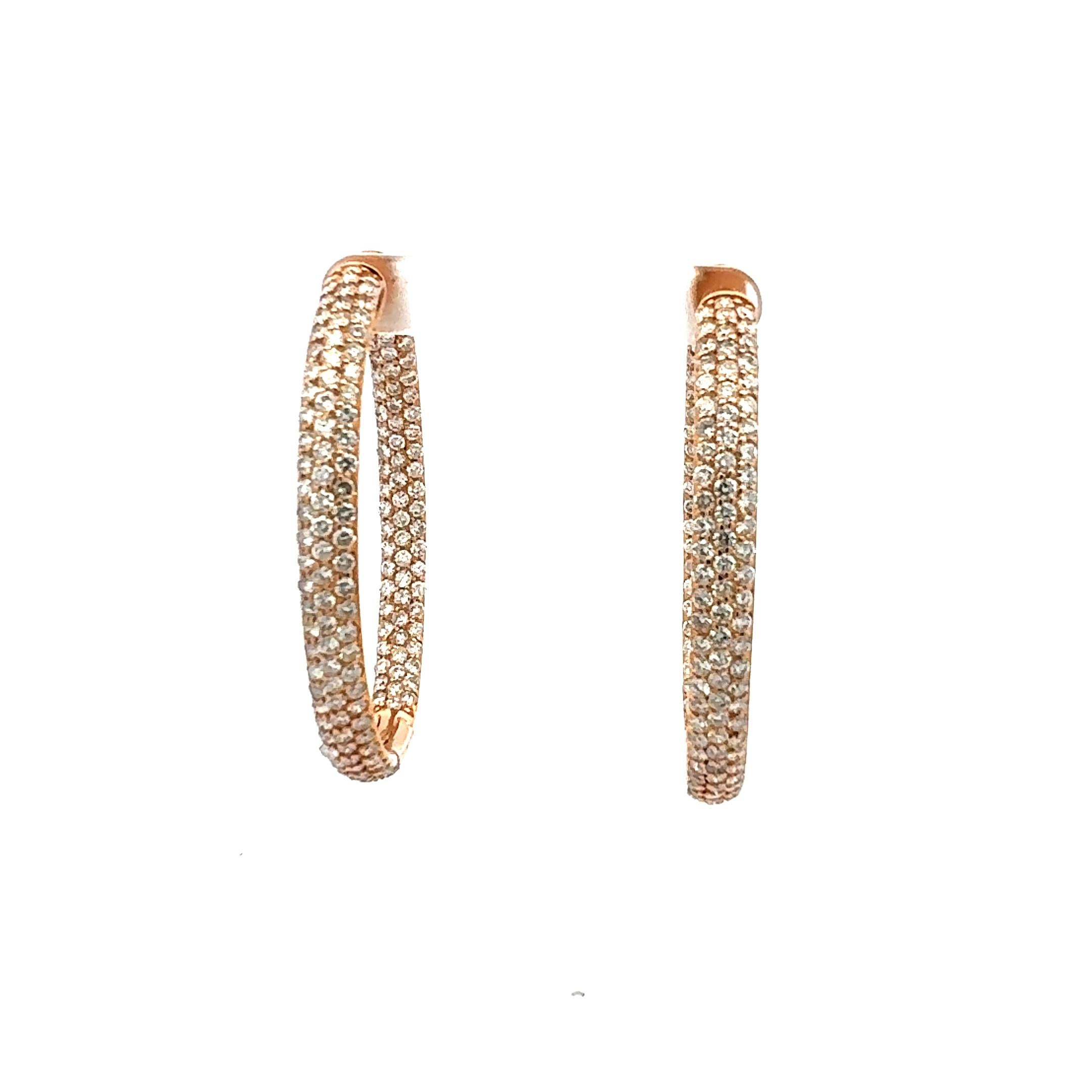 Vintage 18K Rose Gold Hoop Earrings with 11.46 Carat Round G-VS1 Diamonds