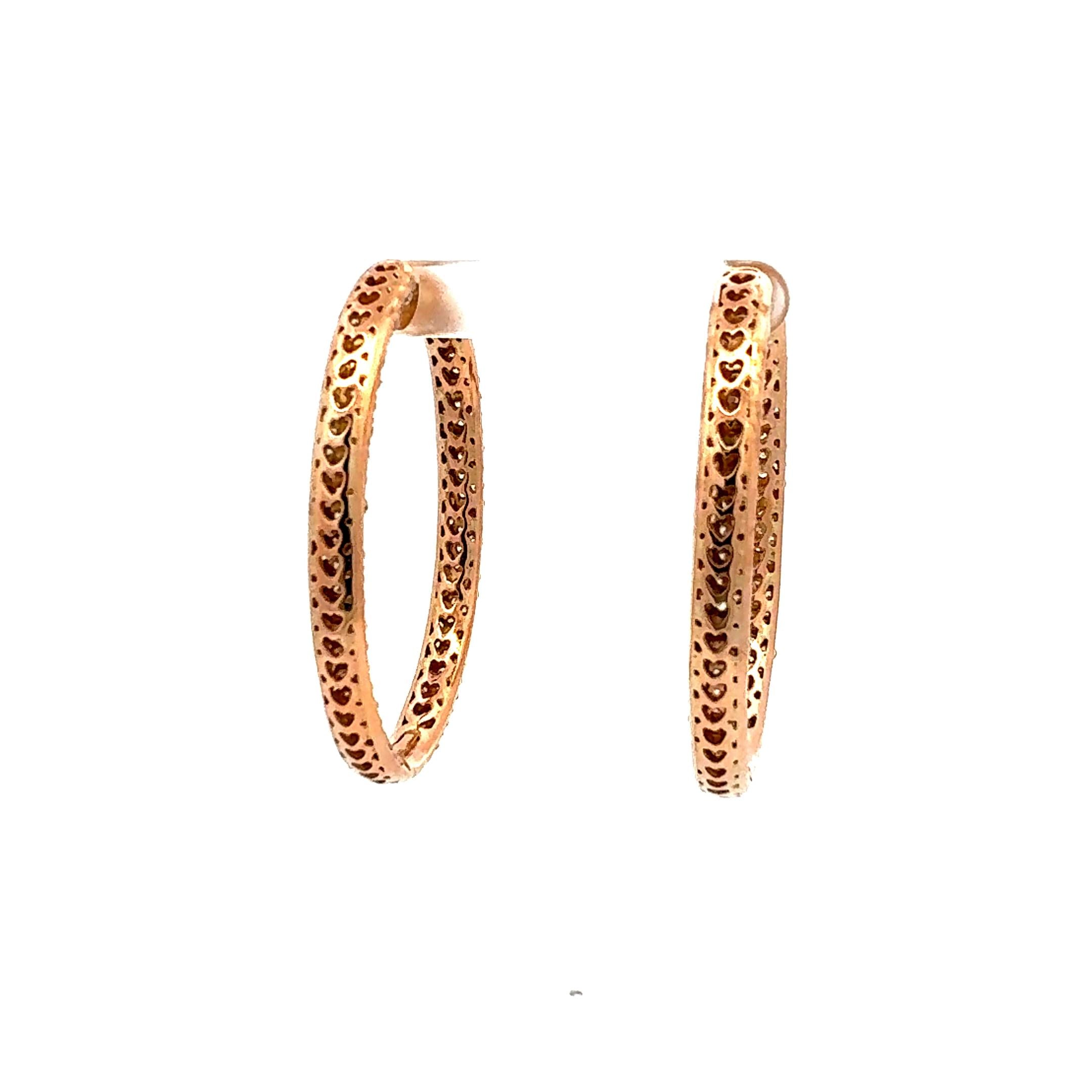 Vintage 18K Rose Gold Hoop Earrings with 11.46 Carat Round G-VS1 Diamonds