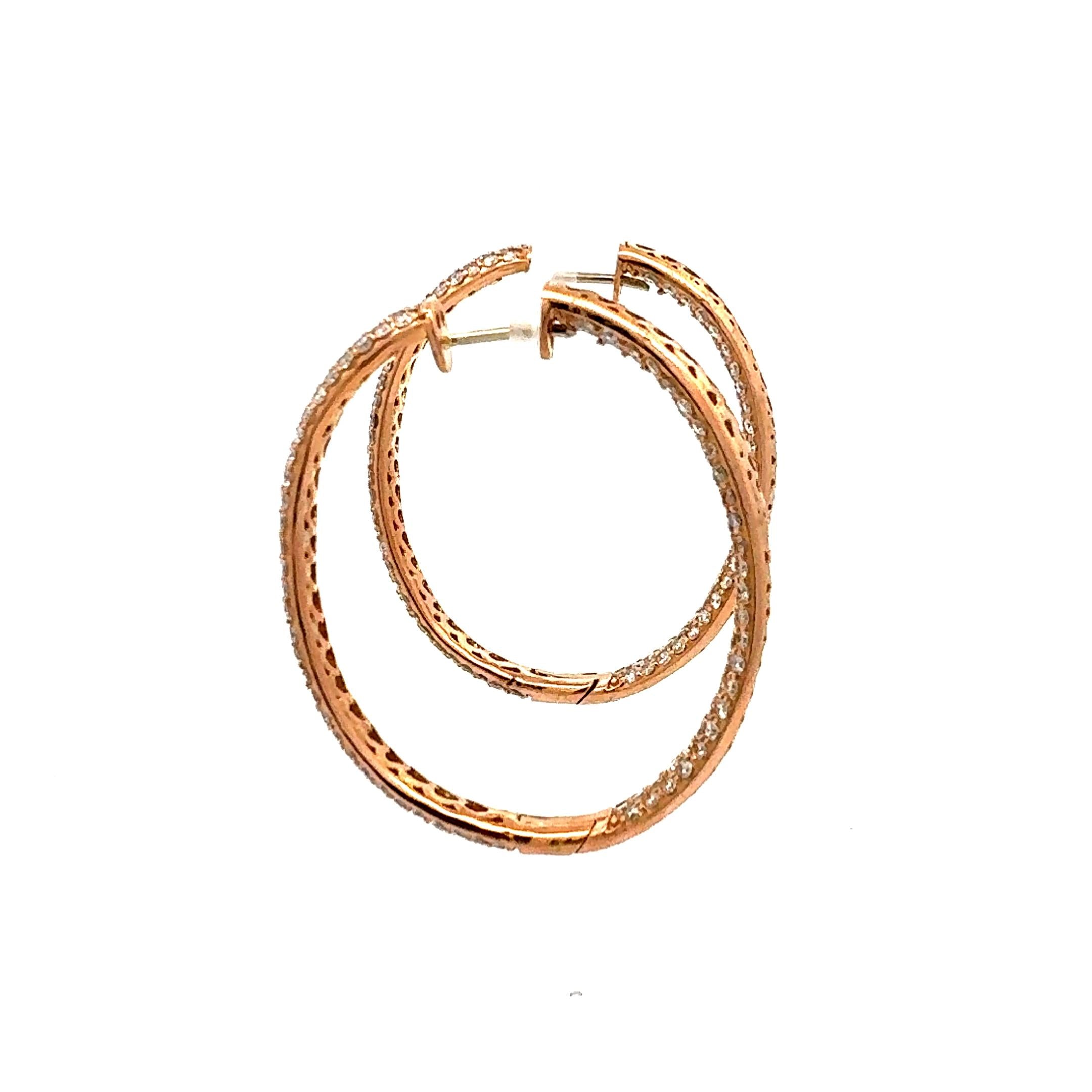 Vintage 18K Rose Gold Hoop Earrings with 11.46 Carat Round G-VS1 Diamonds