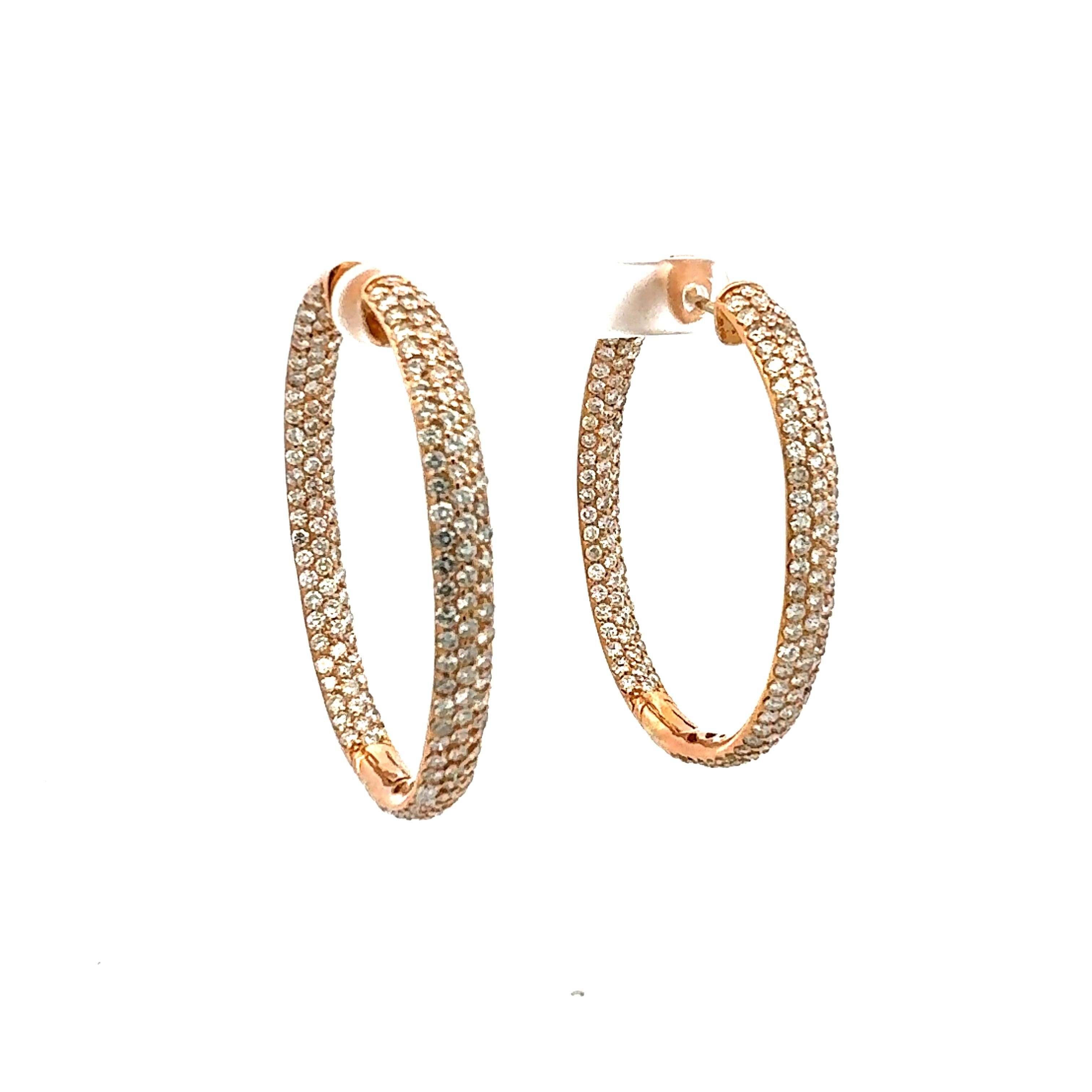 Vintage 18K Rose Gold Hoop Earrings with 11.46 Carat Round G-VS1 Diamonds