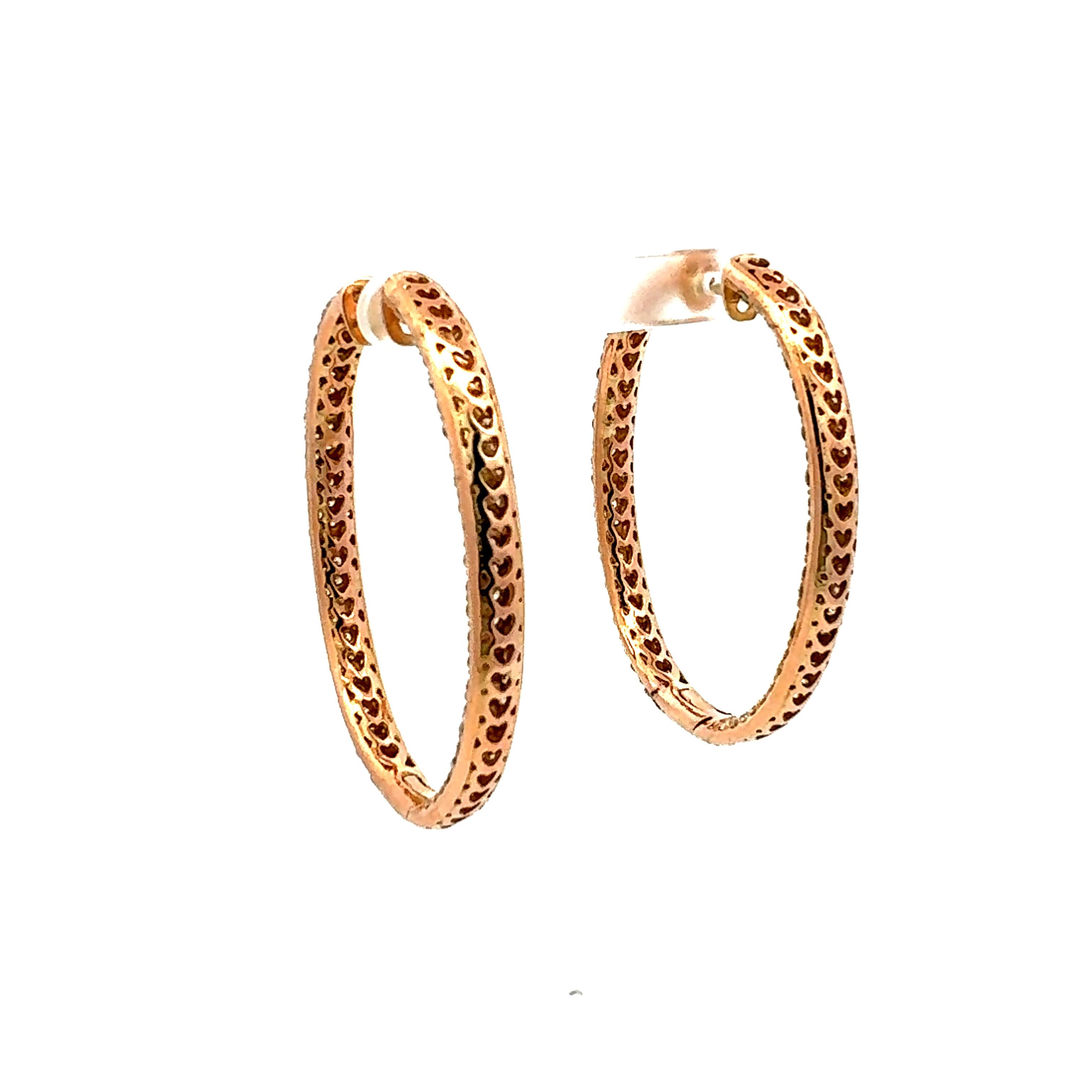 Vintage 18K Rose Gold Hoop Earrings with 11.46 Carat Round G-VS1 Diamonds