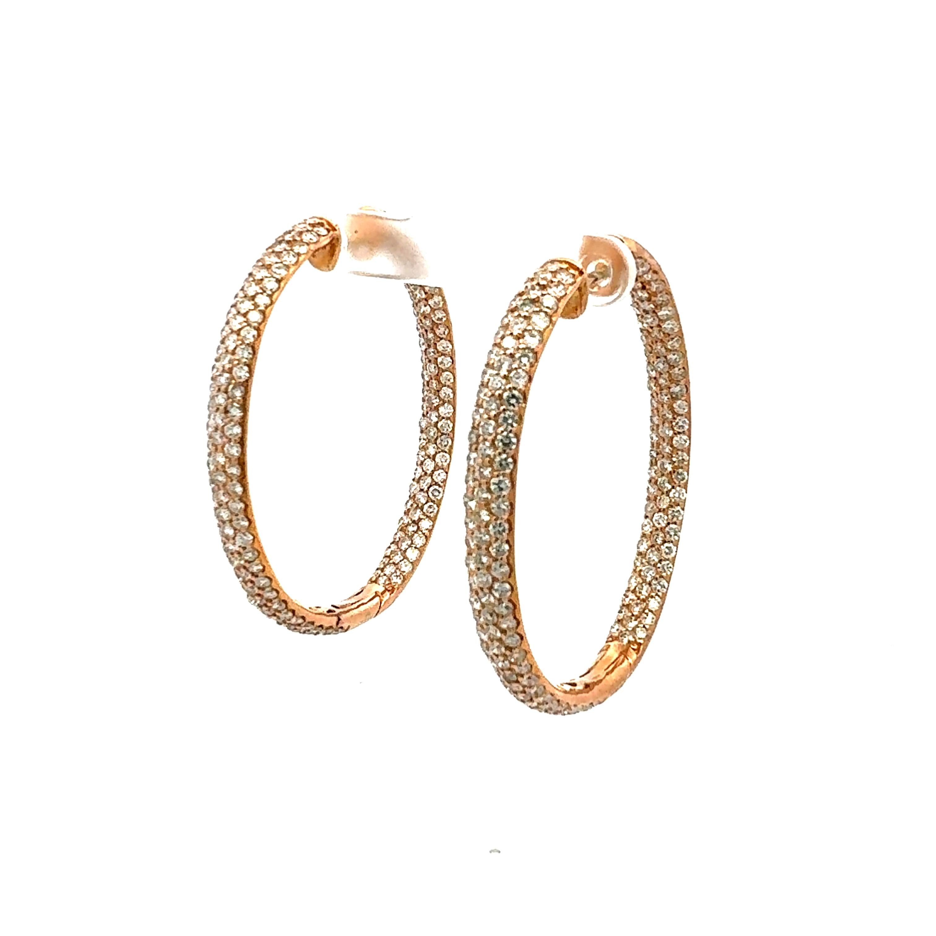 Vintage 18K Rose Gold Hoop Earrings with 11.46 Carat Round G-VS1 Diamonds