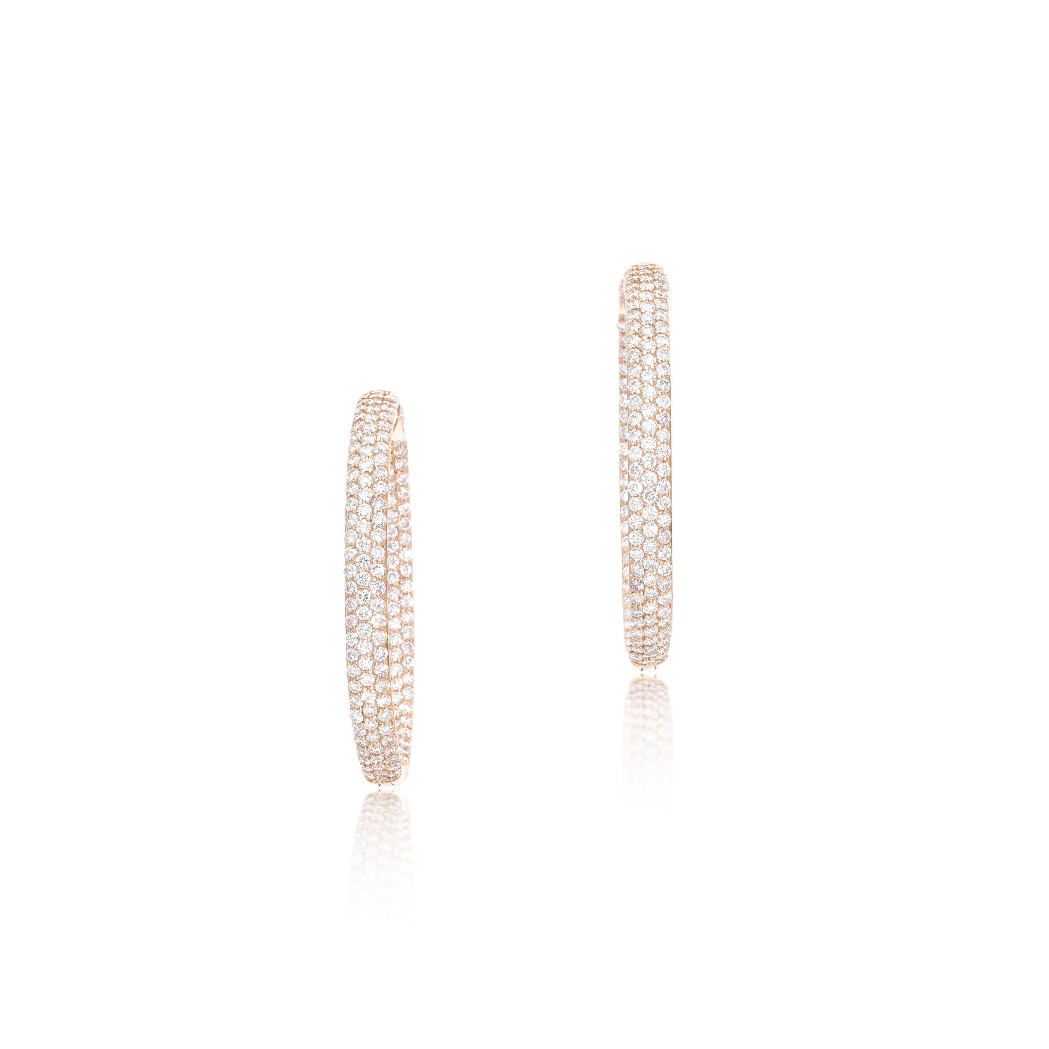 Vintage 18K Rose Gold Hoop Earrings with 11.46 Carat Round G-VS1 Diamonds