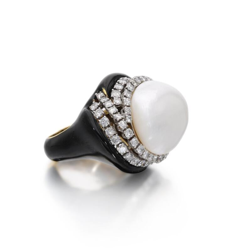 David Webb 4.00 Carat Diamond 18-22.7mm Pearl 18K YG Cocktail Ring