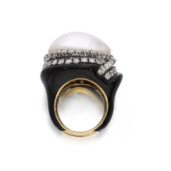 David Webb 4.00 Carat Diamond 18-22.7mm Pearl 18K YG Cocktail Ring