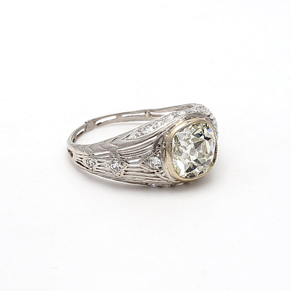 1.86 Carat Old Miner Cut L-I SI1-SI2 Diamond Platinum Art Deco Ring