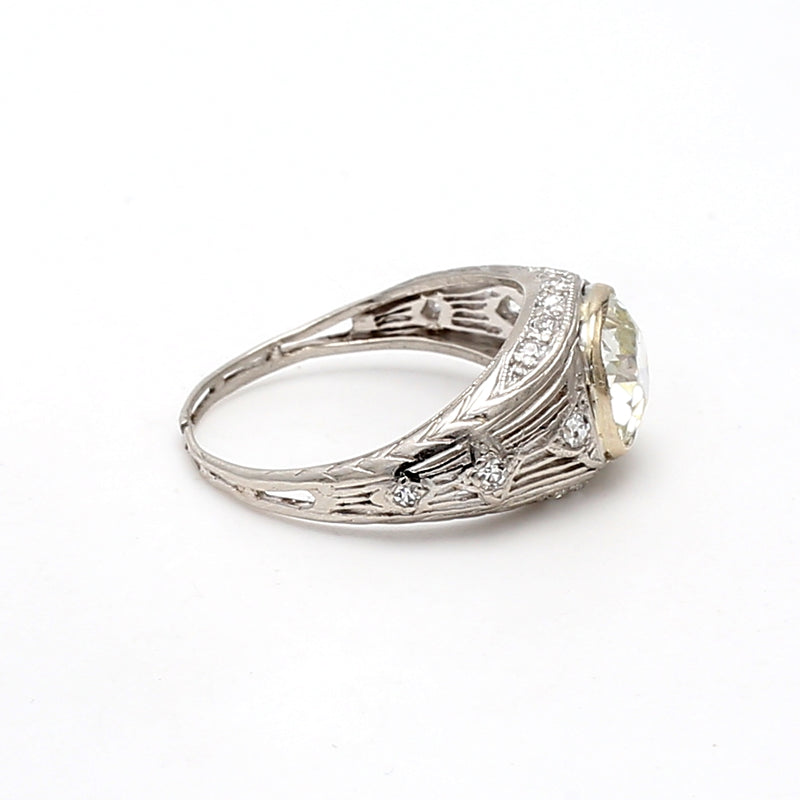 1.86 Carat Old Miner Cut L-I SI1-SI2 Diamond Platinum Art Deco Ring