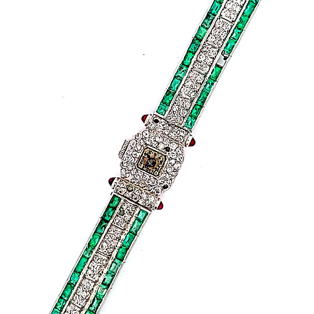 5.50 Carat Princess Cut Emerald 2.50 Carat Round Brilliant I VS1 Diamond Platinum Watches