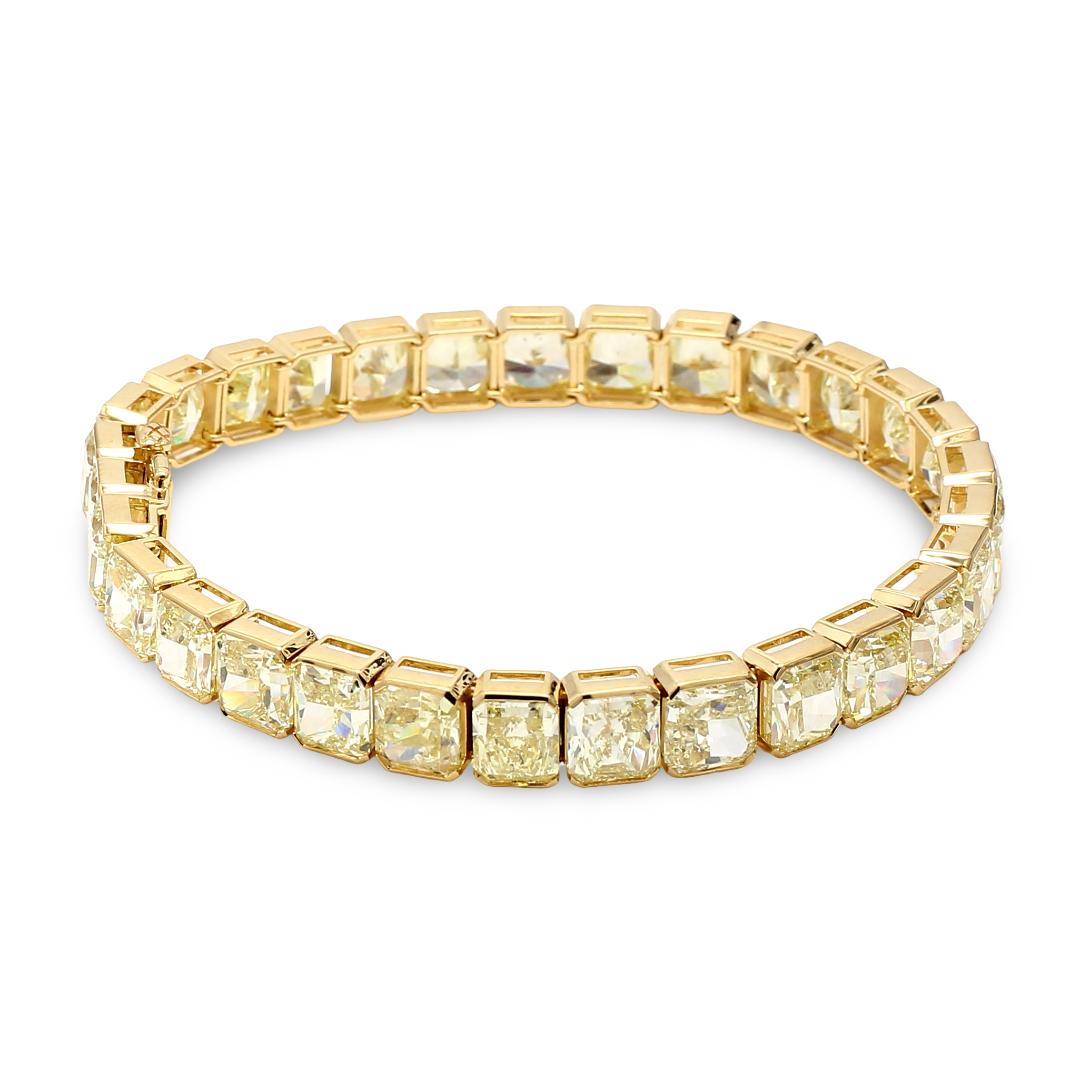 18K YG Tennis Bracelet with 43.35 Carat Radiant Cut Diamonds Fancy-lit GIA