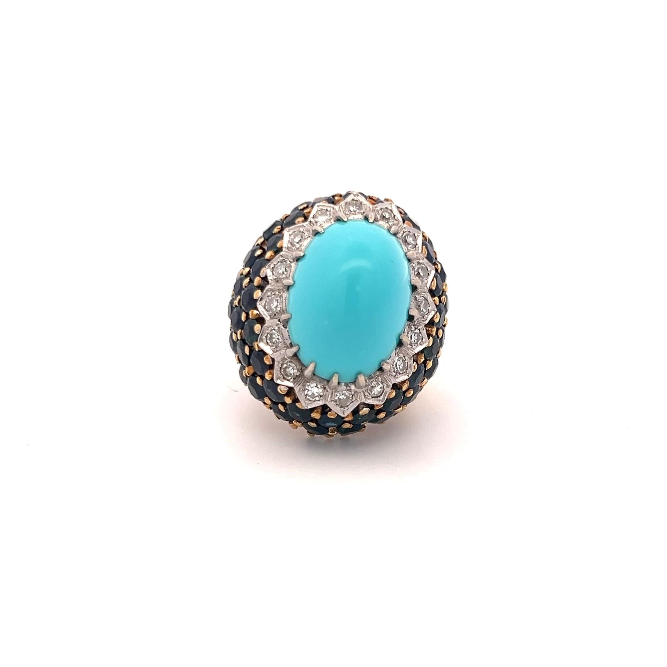 12.8-17.8MM Turquoise 8.80 Carat Sapphire and Diamond 18K Gold Cocktail Ring