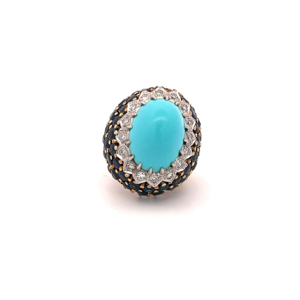 12.8-17.8MM Turquoise 8.80 Carat Sapphire and Diamond 18K Gold Cocktail Ring