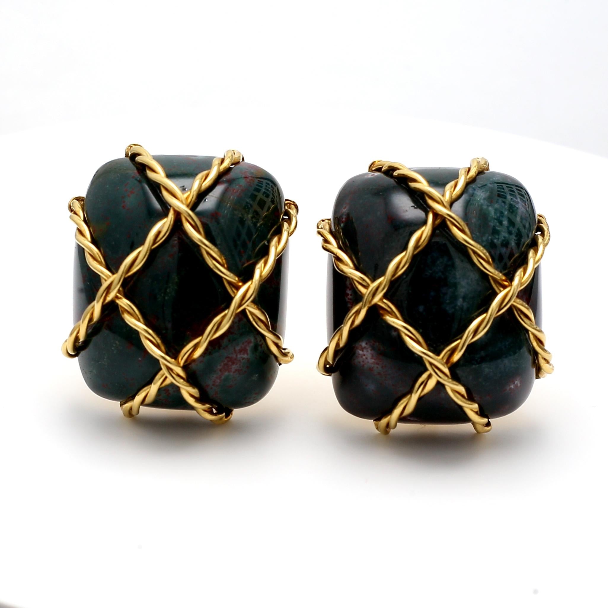 Seaman Schepps 18K Yellow Gold Bloodstone Wrapped Vintage Clip-On Earrings