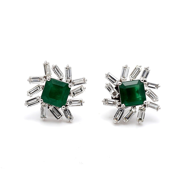 2.50 Carat Emerald 1.50 Carat Tapered BaguetteG VS1 Diamond 14 Karat White Gold Stud Earring