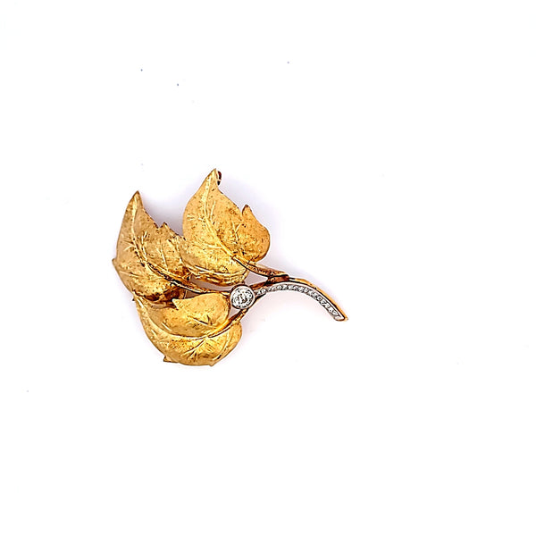 0.63 Carat Old European Cut and Round Brilliance  H-SI1 Diamond 18 Karat Yellow Gold Leaf Pin