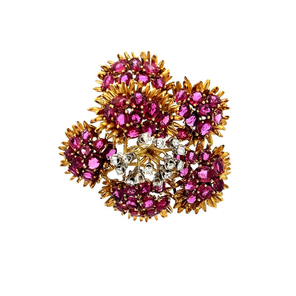 22.00 Carat Ruby 0.30 Carat Round Brilliant Diamond 18K Yellow Gold Pin Brooch