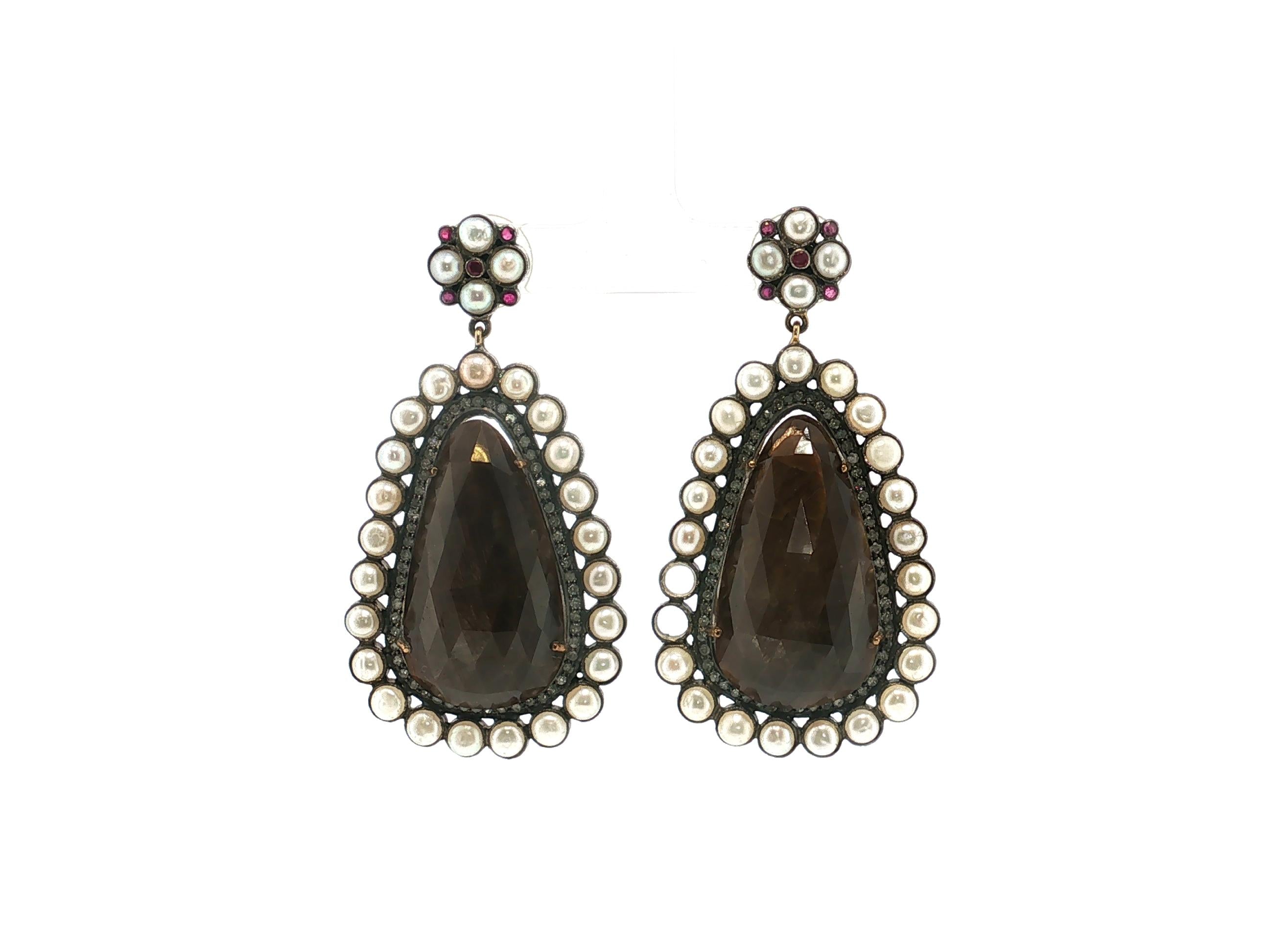 Vintage 14K Gold/Silver Drop Earrings with Gemstones and Pearls 2.5x1.25 Inch