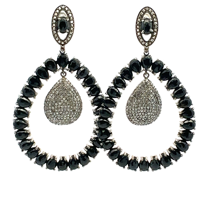 34.32 Carat Black Mix Cut and Round K I2 Diamond White Silver Dangling Earrings