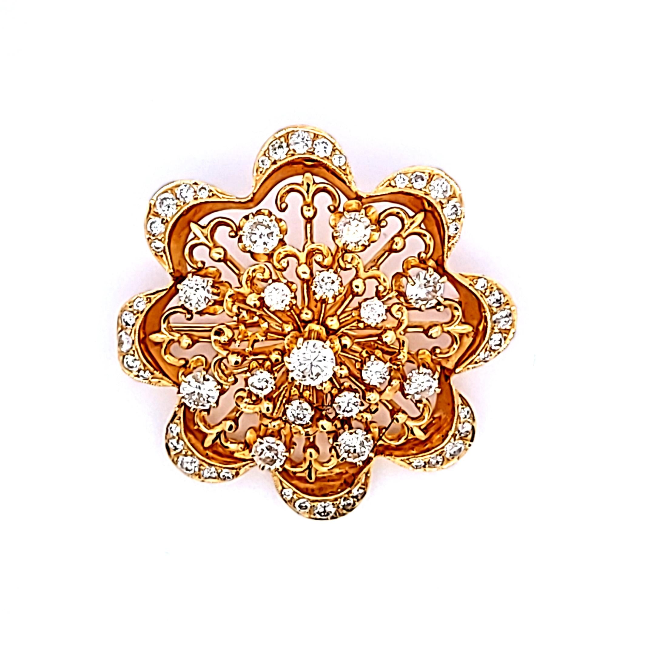 4.70ct Round Brilliant Diamond Flower Pin in 18K Yellow Gold