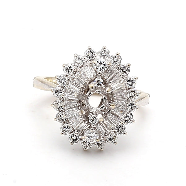 0.98 Carat Tapered Baguette and Round Diamond 14K WG Semi Mount Ring