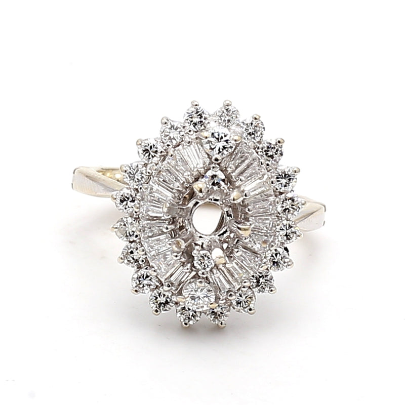 0.98 Carat Tapered Baguette and Round Diamond 14K WG Semi Mount Ring