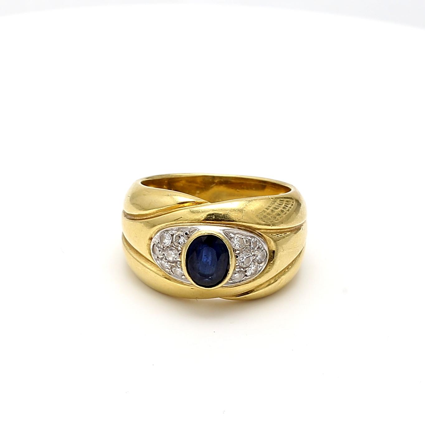18K YG Cocktail Ring with 0.3ct Round H VS1 Diamonds & 0.8ct Sapphire Size 7.25