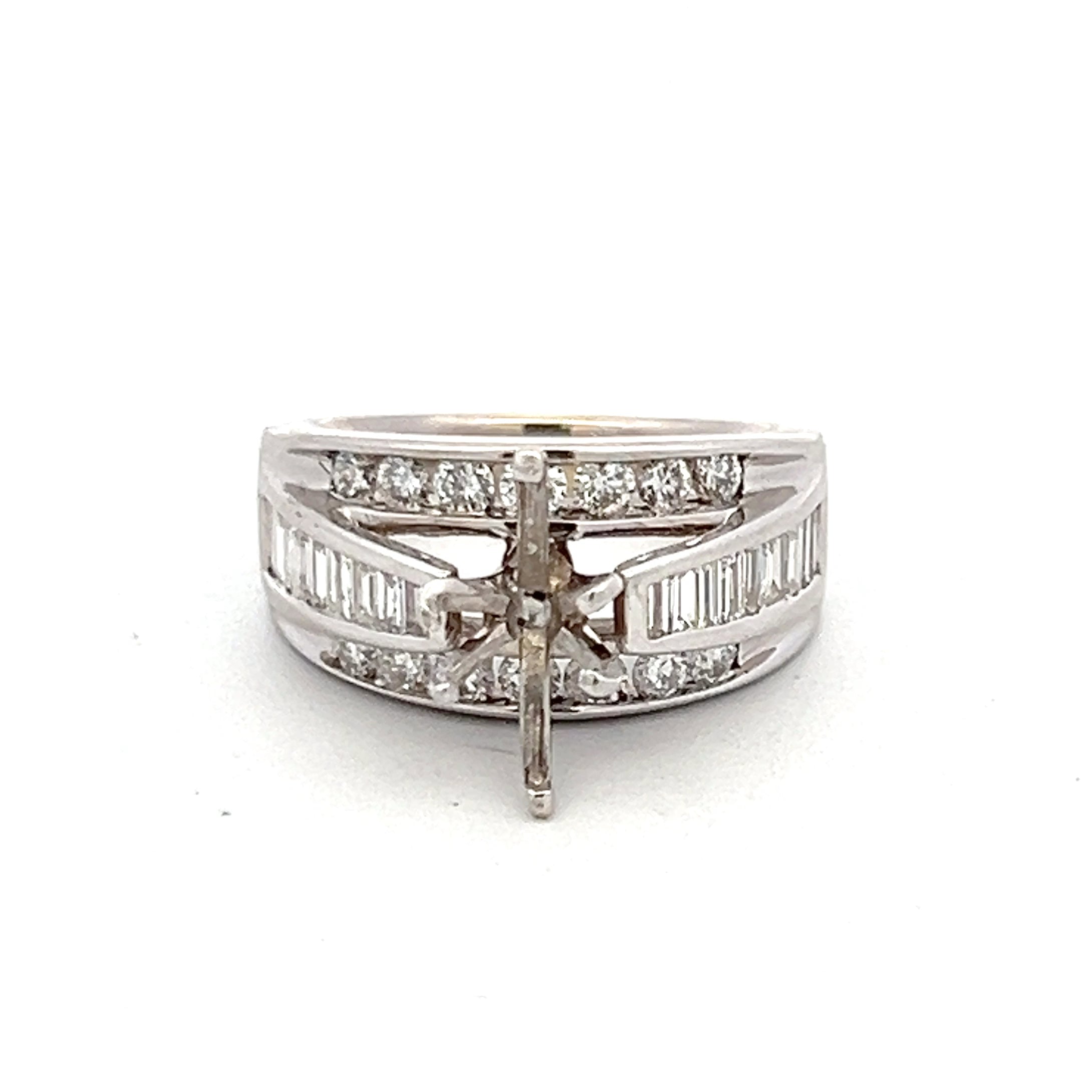 1.35 Carat Baguette and Round Brilliant Diamond 14K White Gold Semi Mount Ring
