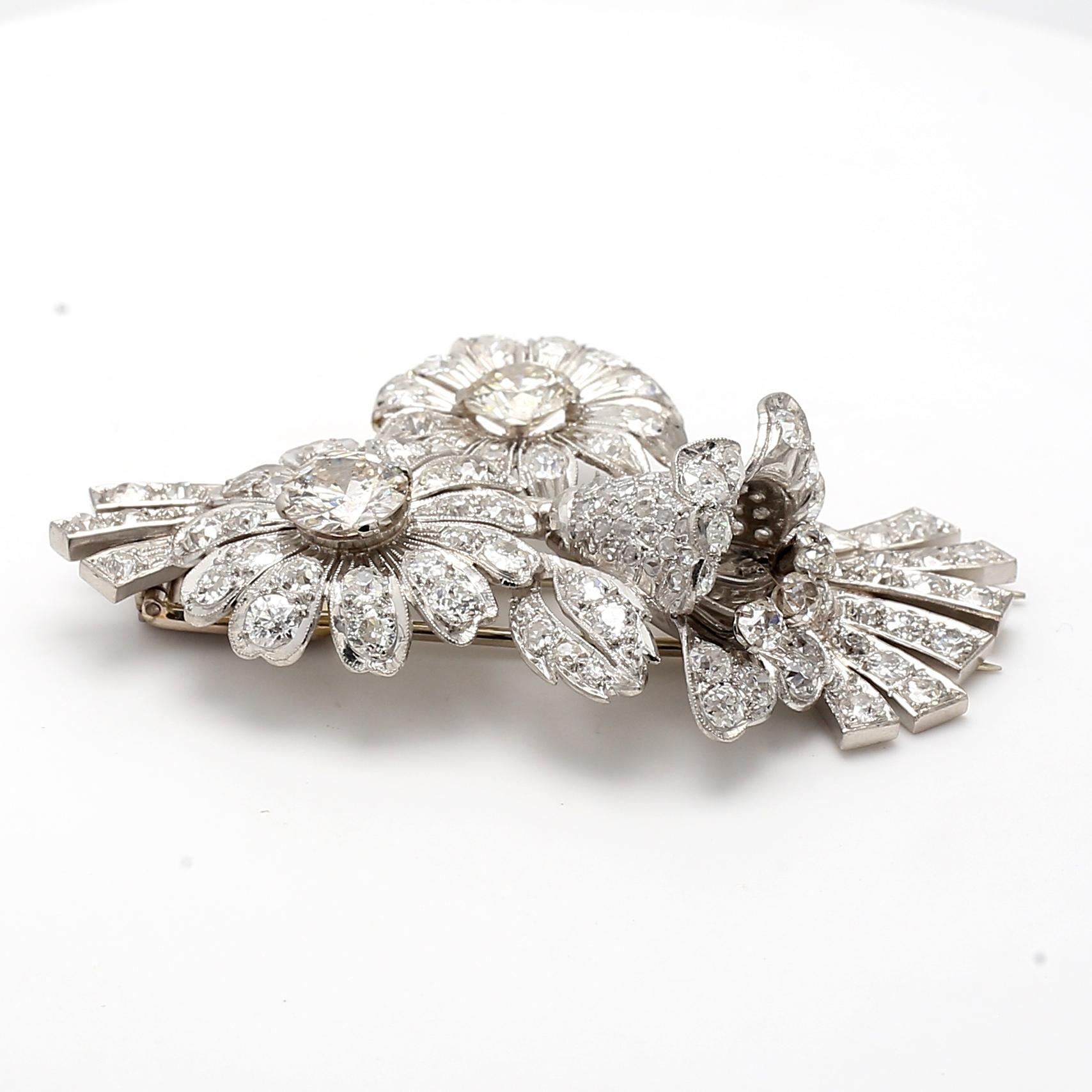 18K WG Platinum Flower Pin Brooch with 7.25 Ct Round & Old European Diamonds GIA