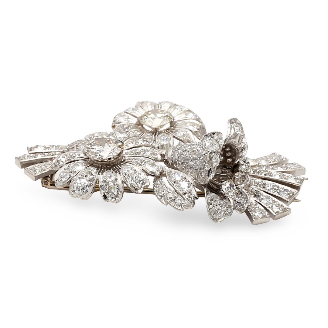 18K White Gold Pin Brooch with 7.25ct Old European Cut & Round Diamonds M I1 GIA