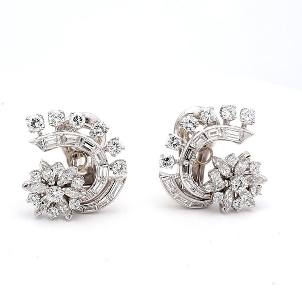 Platinum 4.50ct Diamond Marquis & Round Brilliant Vintage Clip-On Earrings