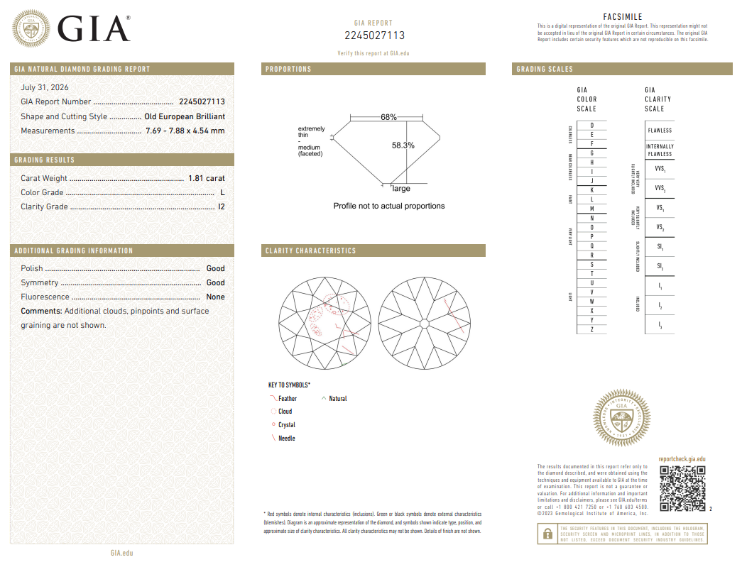 1.81 Carat Old European Cut Diamond L-I2 Loose GIA Natural Ring Stone