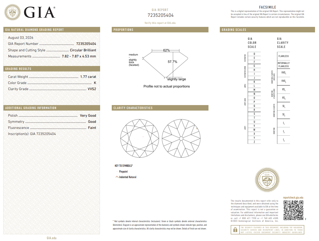 Natural 1.77 Ct Round Brilliant Diamond K-VVS2 with GIA Certificate